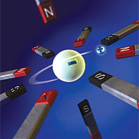 <p>
	An octupole magnet was critical to trapping antihydrogen atoms. A simple octupole magnetic field is produced by eight bar magnets in a plane with their north and south poles arrayed radially to create a magnetic minimum at the center. The antihydrogen atom is trapped in the center because of its magnetic moment, which itself is equivalent to a tiny bar magnet. The bar magnets above and below the octupole plane in this artist's rendition represent the mirror magnets that keep the atoms from squirting out the ends of the trap.</p>
<p>
	(Katie Bertsche)</p>
