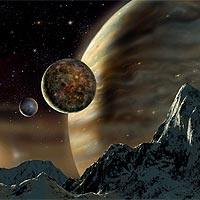 The image shows an impression by David A. Hardy of a possible scene from a moon orbiting the extra-solar planet in orbit around the star HD70642. The planet has a mass about twice that of Jupiter and orbits the star in roughly six years, with a nearly circular orbit of more than three times the Earth-Sun distance. The star HD70642 is a 7th magnitude star in the southern constellation Puppis, and has properties very similar to that of our sun. The similarity in appearance of the extra-solar planet to Jupiter arises because the planets have a similar mass. The possible existence of the moons has been inferred from our knowledge of the planets in our own solar system and from theories of planetary formation—they have not actually been detected.
Photo Credit: David A. Hardy, astroart.org Copyright (c) Particle Physics and Astronomy Research Council 
