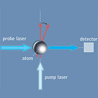 <p>
	In a vapor-cell magnetometer, the spin of a population of atoms is first polarized, as indicated by the vertical red arrow, by a pump laser that is itself circularly polarized. When a magnetic field is applied, the spin vector is rotated, as indicated by the tilted red arrow. (The magnetic field is perpendicular to the plane of this diagram.) The probe laser’s own plane polarization is rotated by the atom’s spin, and the degree of rotation is measured at the detector.</p>
