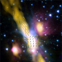 <p>
	Radio-Infrared Image of IRAS 18162-2048</p>
<p>
	Radio jets emitted by young star shown in yellow<br />
	on background of infrared image from Spitzer<br />
	Space Telescope. Yellow bars show orientation of<br />
	magnetic field in jet as measured by VLA. Green bars<br />
	show magnetic-field orientation in the dusty envelope<br />
	surrounding the young star. Two other young stars are<br />
	seen at sides of the jet.</p>
<p>
	CREDIT: Carrasco-Gonzalez et al., Curran et al.,<br />
	Bill Saxton, NRAO/AUI/NSF, NASA</p>
