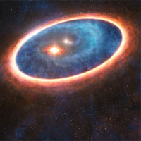 <p>
	This artist’s impression shows the dust and gas around the double star system GG Tauri-A. Researchers using ALMA have detected gas in the region between two discs in this binary system. This may allow planets to form in the gravitationally perturbed environment of the binary. Half of Sun-like stars are born in binary systems, meaning that these findings will have major consequences for the hunt for exoplanets.</p>
<p>
	Credit: ESO/L.Calçada, ALMA (ESO/NAOJ/NRAO)</p>
