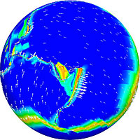 <p>
	Tectonic plate motion (arrows) and viscosity arising from global mantle flow simulation. Plate boundaries, which can be seen as narrow red lines are resolved using an adaptively refined mesh with 1km local resolution. Shown are the Pacific and the Australian tectonic plates and the New Hebrides and Tonga microplates.</p>
<p>
	Image Credit: Georg Stadler, Institute for Computational Engineering & Sciences, UT Austin</p>
