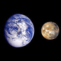 Composite image of Earth and Mars, from photographs taken by the Galileo orbiter and the Mars Global Surveyor. Image courtesy / NASA 

