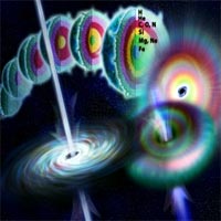 Astronomers believe that the gamma-ray burst observed on September 4, 2005, may have originated with the explosion of a star that lived and died some 13 billion years ago, not long after the Big Bang brought the universe itself into being.<br/>
<br/>
This particular star was a hulking specimen that had at least 30 times the mass of our own Sun, which made it quite a bit bigger than almost any star that exists today. Nonetheless, it was destined for a very short life. Because of the star's huge mass, gravity caused the hydrogen gas in its core to become extraordinarily hot and dense, which in turn made the thermonuclear reactions there extraordinarily fierce. Soon, all the hydrogen in the core had been converted to helium. Then, when the helium 'ash' became dense enough and hot enough, it, too, ignited to form elements such as carbon, nitrogen and oxygen.<br/>
<br/>
Indeed, this cycle was repeated again and again, until the interior of the star acquired a kind of onion structure. First there was an outer shell where hydrogen was fusing into helium. Then inside that, there was a shell where helium was burning. Then came shells for carbon, oxygen and nitrogen; silicon; and magnesium and neon. And finally, at the very center, there was a core of iron nuclei - the ash from all the layers of thermonuclear fusion above it.<br/>
<br/>
But iron was the end. Iron nuclei can neither fuse nor fission; they are as stable as atomic nuclei can get. So the iron in the core of the star could only accumulate? accumulate? accumulate. Before long, in fact, this steady accumulation of iron took the core through a kind of gravitational tipping point - whereupon it suddenly and catastrophically collapsed to form a black hole. The resulting release of energy quickly tore the star apart.<br/>
<br/>
Such explosions are actually fairly common in the universe today; we know them as 'supernovas.' But unlike many supernovas, which tend to produce spherical blast waves, this one seems to have focused most of its explosive energy into two back-to-back jets of ultra-high-energy particles and radiation. Astronomers believe that this may have been the result of gas from the core that tried to fall into the black hole, but couldn't because it was rotating too fast. Instead, the gas settled into a very rapidly rotating 'accretion disk' that surrounded the hole like a flattened donut. Only the gas around the inner rim of the disk could spiral into the hole. And when it did, it released vast amounts of energy that had no way to escape - except along the axis of the disk. Thus the back-to-back jets.<br/>
<br/>
Credit: Nicolle Rager Fuller/NSF