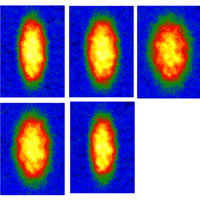 By observing the way their soup of lithium-6 atoms jiggled at ultra-cold temperatures, NASA-funded researchers hit upon the first direct evidence for a frictionless fluid made up of fermion atoms. This series of pictures shows the fermion atom superfluid oscillating inside a laser beam trap (from left to right, from top to bottom). 