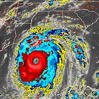 Eyeing Katrina<br/>
The peak winds of over 100 miles per hour that buffeted New Orleans during Hurricane Katrina could have been much worse had the storm made landfall at a different moment in the cycle of its eyewall. Long-lived, intense hurricanes often go through an eyewall replacement cycle that takes a day or so to complete. The result is collapse of the main eyewall and temporary weakening of the storm. Then an outer eyewall contracts and takes its place, allowing for restrengthening. Katrina appears to have been going through the weaker stage as it approached land. The two top images capture Katrina with an intact eyewall at 5:45 p.m. Eastern Daylight Time on Sunday, August 28, as it moved over warm water in the Gulf of Mexico. By 5:45 a.m. on Monday, the weakened eyewall is being further disrupted by interaction with the land surface. <br/>
<br/>
(GEMPAK images by Jeff Weber, UCAR; data from water vapor and infrared bands of NOAA GOES-E satellite.)