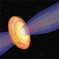 Artists's Conception of M87's inner core: Black hole, accretion disk, and inner jets. <br /><br />CREDIT: Bill Saxton, NRAO/AUI/NSF