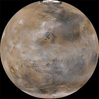 Mars in April, 2003—from the Mars Global Surveyor Mars Orbiter Camera.
Photo courtesy National Aeronautics and Space Administration