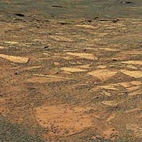 Opportunity's view of its target down the slope of Endurance Crater.
<P>
Courtesy: NASA/JPL