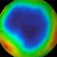 Odyssey image of Mars. Blue colors show the water ice that is revealed during the martian summer. 
<P>
Image courtesy NASA/JPL