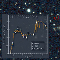 <p>
	The massive galaxy circled above was formed when the universe was still young, according to surprising findings from Tufts' Danilo Marchesini.</p>
<p>
	Image courtesy: Tufts</p>
