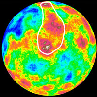 <p>
	The figure shows a color-coded view of the global crater areal density, obtained by measuring craters greater than 25 km. The region within the white line corresponds to the heavily cratered terrains analyzed to calculate the age of the oldest surfaces on Mercury.</p>
<p>
	Image courtesy: John Hopkins APL</p>
