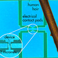 Novel device for generating tunable microwave signals developed by researchers at the National Institute of Standards and Technology (NIST). 
<P>
It measures just a few micro-meters square and is hundreds of times smaller than typical microwave signal generators in use today in cell phones, wireless Internet devices, radar systems and other applications.
<P>
Image courtesy: NIST
