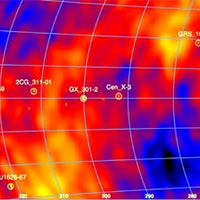 A portion of Integral's gamma-ray map of the galaxy. This false colour picture was taken by the spectrometer on board Integral (SPI) between December 2002 and March 2003. The yellow dots correspond to bright known gamma-rays sources, whilst blue areas indicate regions of low emission. Data similar to these, but in a higher energy range, have been used to study where aluminium and iron are produced in the Galaxy. 
<P>
Credits: ESA/SPI team 
 
