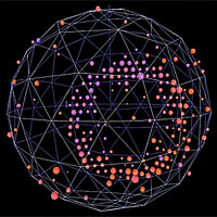 <p>
	A graphic of a neutrino event recorded by the MiniBooNE experiment. The ring of light, registered by some of the more than 1,000 light sensors inside the detector, indicates the collision of a muon neutrino with an atomic nucleus.</p>
<p>
	Graphic: Fermilab</p>
