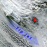 A low pressure system ('L') located east of Cape Farewell triggers the Greenland tip jet. The high wind speeds within the jet forces deep convection in the Irminger Sea to the east of Cape Farewell. This image was taken by the Moderate Resolution Imaging Spectroradiometer onboard NASA's TERRA satellite on Jan. 24, 2001.
Image: Kent Moore, U of T Dept. of Physics