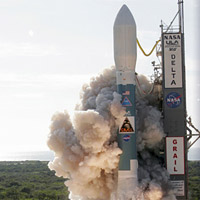 <p>
	NASA's GRAIL spacecraft successfully launched from Cape Canaveral Air Force Station, Fla., at 9:08 EDT (6:08 PDT) on Sept. 10, 2011. As depicted in the artist's concept on the right, the twin spacecraft, GRAIL-A and GRAIL-B will work in tandem to study the lunar interior, from crust to core, and to advance understanding of the thermal evolution of the moon. Image credit: NASA/JPL-Caltech/Thom Baur, United Launch Alliance</p>
