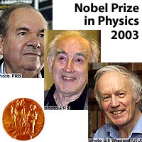 Winners of the 2003 Nobel Prize in Physics: (from top left to bottom right:
<P>
Alexei A. Abrikosov<BR>
Argonne National Laboratory, Argonne, Illinois, USA,
<P>
Vitaly L. Ginzburg<BR>
P.N. Lebedev Physical Institute, Moscow, Russia, and
<P>
Anthony J. Leggett <BR>
University of Illinois, Urbana, Illinois, USA.
<P>
Image: PRB/PRB/UIUC
