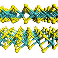 <p>
	Diagram shows the flat-sheet structure of the material used by the MIT team, molybdenum disulfide. Molybdenum atoms are shown in teal, and sulfur atoms in yellow.</p>
<p>
	Image courtesy of Wang et al.</p>
