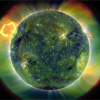 <p>A full-disk multiwavelength extreme ultraviolet image of the sun taken by SDO on March 30, 2010. False colors trace different gas temperatures. Reds are relatively cool (about 60,000 Kelvin, or 107,540 F); blues and greens are hotter (greater than 1 million Kelvin, or 1,799,540 F). </p>
<p>Credit: NASA/Goddard/SDO AIA Team</p>