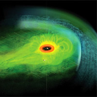 <p>
	This is an artist's concept of the Saturnian plasma sheet based on data from Cassini magnetospheric imaging instrument. It shows Saturn's embedded 'ring current,' an invisible ring of energetic ions trapped in the planet's magnetic field.</p>
<p>
	Saturn is at the center, with the red 'donut' representing the distribution of dense neutral gas outside Saturn's icy rings. Beyond this region, energetic ions populate the plasma sheet to the dayside magnetopause filling the faintly sketched magnetic flux tubes to higher latitudes and contributing to the ring current. The plasma sheet thins gradually toward the nightside. The view is from above Saturn's equatorial plane, which is represented by grid lines. The moon Titan's location is shown for scale. The location of the bow shock is marked, as is the flow of the deflected solar wind in the magnetosheath.</p>
<p>
	Image credit: NASA/JPL/JHUAPL</p>
