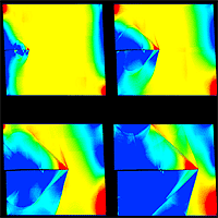 Supersonic crack motion. The plot shows the snapshots of a shear dominated crack (similar to an earthquake in California) propagating at a velocity faster than the longitudinal wave speed of the solid. The two Mach cones or shock fronts (analogous to the shock front or sonic boom around a supersonic jet airplane) indicate supersonic crack motion. This phenomenon can not be understood using the classical theories of fracture and is now explained by hyperelasticity models. 
<P>
Image: Max Planck INstitute for Metals Research
