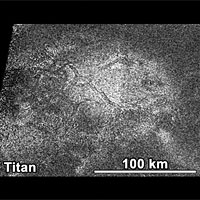 <p>
	Titan's Hot Cross Bun</p>
<p>
	NASA's Cassini spacecraft obtained this image of a feature shaped like a hot cross bun in the northern region of Titan that bears a striking resemblance to a similar feature on Venus. The Titan image was obtained by Cassini's radar instrument on May 22, 2012. The bun is located at about 38.5 degrees north latitude and 203 degrees west longitude. This image is taken from a longer radar swath, which is about 3,200 miles (5,200 kilometers) long and about 400 miles (600 kilometers) at its widest.</p>
<p>
	The circular feature shown, which looks like a giant hot cross bun, is about 43 miles (70 kilometers) in diameter with near-perpendicular markings about 37 miles (60 kilometers) wide, meeting at its center. The illumination for this synthetic aperture radar image is from the right. Similar features are seen on other planets. In a synthetic aperture radar image of Venus by NASA's Magellan spacecraft, this radar-bright circular-shaped region of 20 miles (30 kilometers) across lies at the summit of a large volcano called Kunapipi Mons (at about 33.3 degrees south latitude and 85.5 degrees west longitude on Venus). This comparison leads to the interpretation that the Titan crosses are also fractures caused by uplift from below. Steam often causes the top of bread to lift and stretch, but on Titan some other force, such as rising cryomagma, may have uplifted the surface, leading to the crossed cracks.<br />
	 </p>
