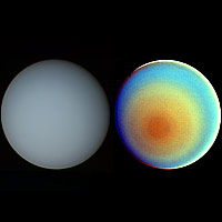 <p>
	These two pictures of Uranus -- one in true color (left) and the other in false color -- were compiled from images returned Jan. 17, 1986, by the narrow-angle camera of Voyager 2. Image credit: NASA/JPL</p>
