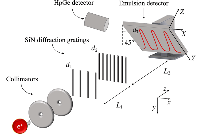 <p>Schematics of the Talbot-Lau interferometer.</p>

<p>Positrons traverse two circular 2-mm-wide collimators 10.2 cm apart. The interferometer is composed of two SiN diffraction gratings with periodicity d1 and d2, respectively, separated by L1 = (118.1 ± 0.2) mm. Interference fringes with d3 periodicity are expected at L2 = (576 ± 5) mm. The emulsion is tilted so that the Y axis in the reference frame of the emulsion surface (X, Y) forms a 45° angle with the y axis of the laboratory. Gamma rays (511 keV) from positron annihilation in the emulsion are monitored with a high-purity germanium (HpGe) detector for rate measurement.</p>

<p>Courtesy of ScienceMag.org</p>
