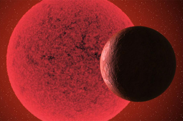 <p>Artistic impression of the super-Earth in orbit round the red dwarf star GJ-740. Credit: Gabriel Pérez Díaz, SMM (IAC).</p>
