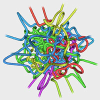 <p>Tangled quantum vortices. Each vortex line is shaded in a different colour, and may be knotted or linked with the others.</p>

<p>School of Physics © University of Bristol</p>
