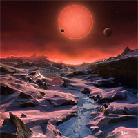 <p>This artist’s impression shows an imagined view from the surface one of the three planets orbiting an ultracool dwarf star just 40 light-years from Earth that were discovered using the TRAPPIST telescope at ESO’s La Silla Observatory. These worlds have sizes and temperatures similar to those of Venus and Earth and are the best targets found so far for the search for life outside the Solar System. They are the first planets ever discovered around such a tiny and dim star.</p>

<p>In this view one of the inner planets is seen in transit across the disc of its tiny and dim parent star.</p>

<p>Credit: ESO/M. Kornmesser</p>
